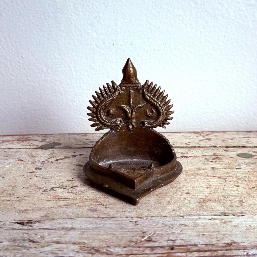 Antique Hindu Brass Oil Lamp Lord Vishnu Sun Moon India